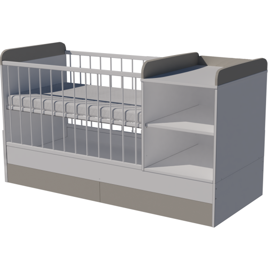 Lili combi cot 120x60 in white and gray with bedding holder Lili combi cot 120x60 in white and gray with bedding holder