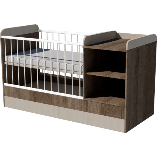Lili combi cot 120x70 in dark sonoma-birch, with bedding tray Lili combi cot 120x70 in dark sonoma-birch, with bedding tray