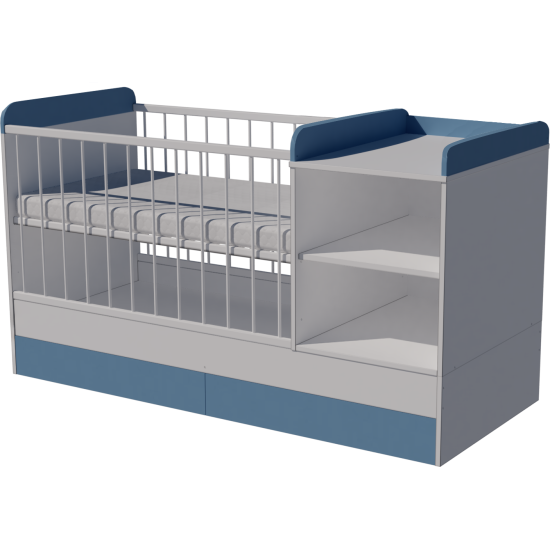 Lili combi cot 120x60 in white and blue with bedding holder Lili combi cot 120x60 in white and blue with bedding holder