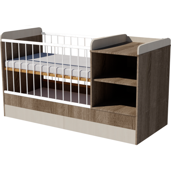 Lili combi cot 120x60 in dark sonoma-birch, with bedding tray Lili combi cot 120x60 in dark sonoma-birch, with bedding tray