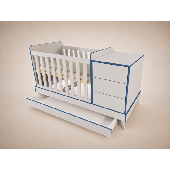 Reni 120x70 cm convertible cot in light grey with blue edging