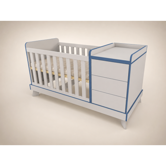 Reni 120x70 cm convertible cot in light grey with blue edging