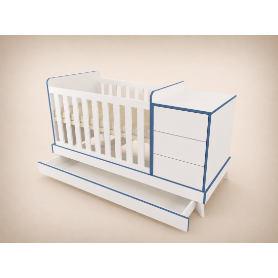 Reni combi cot 120x60, in White with blue edge